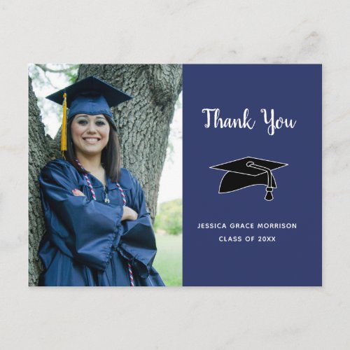 Graduate Photo Blue Graduation Thank You Postcard