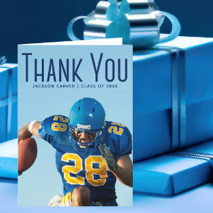 Graduate Photo Blue Script Overlay Football Player Letterpress Thank You Card