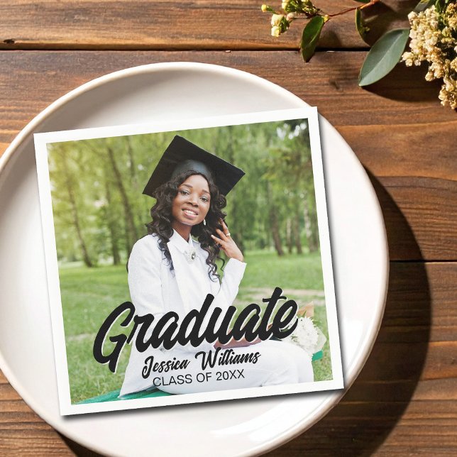 Graduate Photo Bold Black Script Graduation Party Napkins (Creator Uploaded)