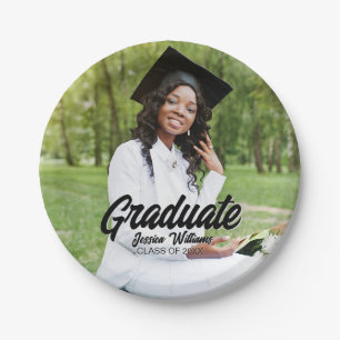 Graduate Photo Bold Black Script Graduation Party Paper Plates