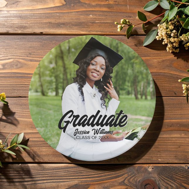Graduate Photo Bold Black Script Graduation Party Paper Plates (Creator Uploaded)