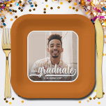 Graduate Photo Bold Script Burnt Orange Graduation Paper Plates<br><div class="desc">Add your favorite photo to these graduation square burnt orange party paper plates featuring your name,  class year and the word graduate in chic lettering on a blue background. MORE designs and colors done in our collection.</div>