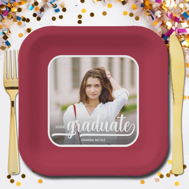 Graduate Photo Bold Script Crimson Graduation Paper Plates (Photo Crimson Red Graduation Square Paper Plates)