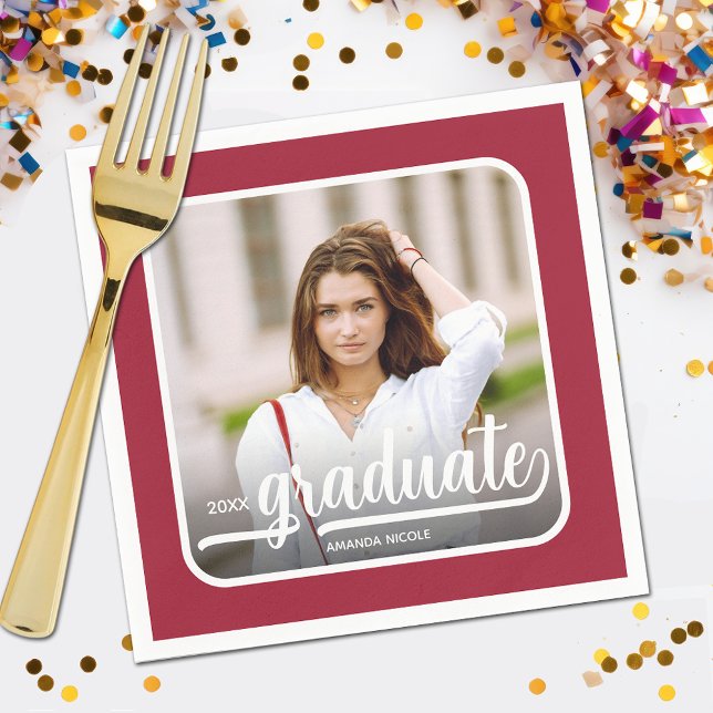 Graduate Photo Bold Script Crimson  Napkins (Your photo, name, year and "Graduate" in a cool script on crimson red background party napkins)