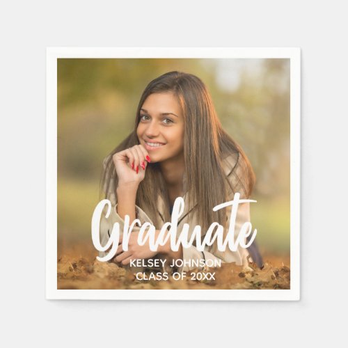 Graduate Photo Bold Script Custom Graduation Party Napkins