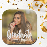 Graduate Photo Bold Script Custom Graduation Party Paper Plates<br><div class="desc">Graduate is written in white handwritten script over your senior portrait photo makes a chic,  modern graduation party paper plate. Customize these cute plates with your high school or university class year 2024 under the bold typography and add a cute photograph of your senior.</div>