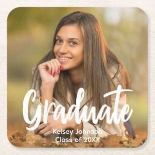 Graduate Photo Bold Script Custom Graduation Party Square Paper Coaster