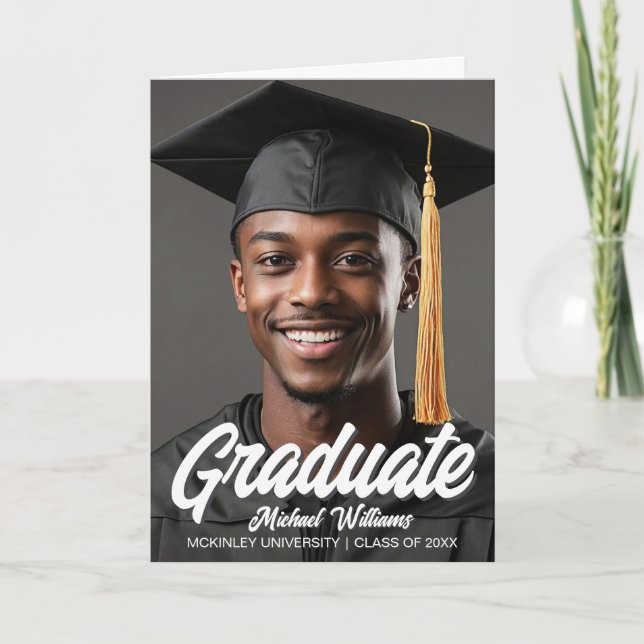 Graduate Photo Bold Script Folded Graduation Announcement (Front)
