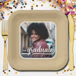 Graduate Photo Bold Script Gold Graduation Paper Plates<br><div class="desc">Add your favorite photo to these graduation square gold party paper plates featuring your name,  class year and the word graduate in chic lettering on a blue background. MORE designs and colors done in our collection.</div>