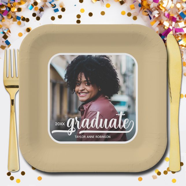Graduate Photo Bold Script Gold Graduation Paper Plates (Photo graduation gold square paper plates)