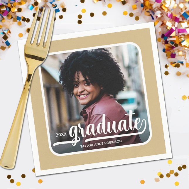 Graduate Photo Bold Script Gold Napkins (Your photo, name, class year and "Graduate" in a cool script on gold background party napkins)