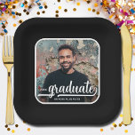 Graduate Photo Bold Script Graduation Party Black Paper Plates<br><div class="desc">Add your favorite photo to these graduation square black party paper plates featuring your name,  class year and the word graduate in chic lettering on a blue background. MORE designs and colors done in our collection.</div>
