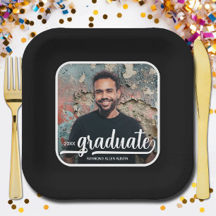 Graduate Photo Bold Script Graduation Party Black Paper Plates