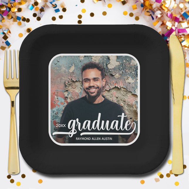Graduate Photo Bold Script Graduation Party Black Paper Plates (Photo Bold Script Graduation Party Black Square Paper Plates)
