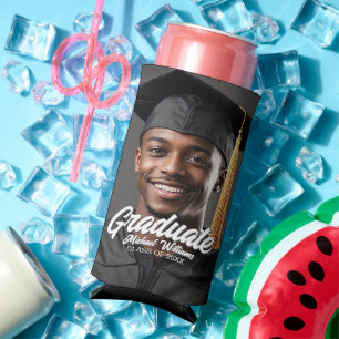 Graduate Photo Bold Script Graduation Party Favor Seltzer Can Cooler