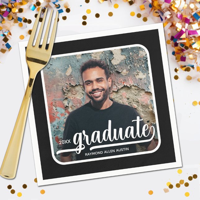 Graduate Photo Bold Script Graduation Party Napkins (Your photo, name, class year and "Graduate" in a cool script on black background party napkins)