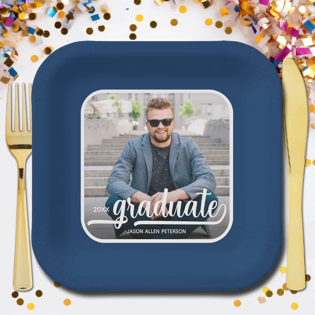 Graduate Photo Bold Script Graduation Party Paper Plates (Photo Graduation Party Blue Square Paper Plates)