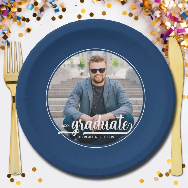 Graduate Photo Bold Script Graduation Party Paper Plates (Bold white script graduate on your photo personalized graduation party paper plates)