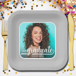 Graduate Photo Bold Script Gray Graduation Paper Plates<br><div class="desc">Add your favorite photo to these graduation square silver gray party paper plates featuring your name,  class year and the word graduate in chic lettering on a blue background. MORE designs and colors done in our collection.</div>