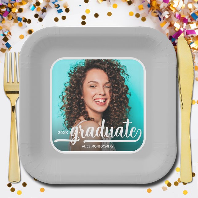 Graduate Photo Bold Script Gray Graduation Paper Plates (Photo graduation silver square paper plates)
