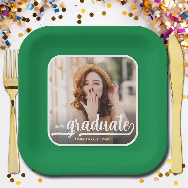 Graduate Photo Bold Script Green Graduation Paper Plates (Photo graduation green square paper plates)