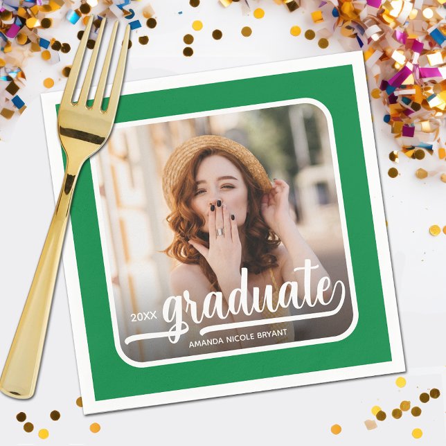 Graduate Photo Bold Script Green Napkins (Your photo, name, class year and "Graduate" in a cool script on green background party napkins)
