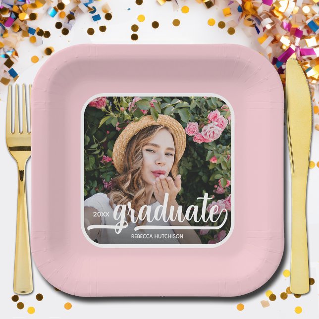 Graduate Photo Bold Script Pink Graduation Paper Plates (Photo graduation pink square paper plates)