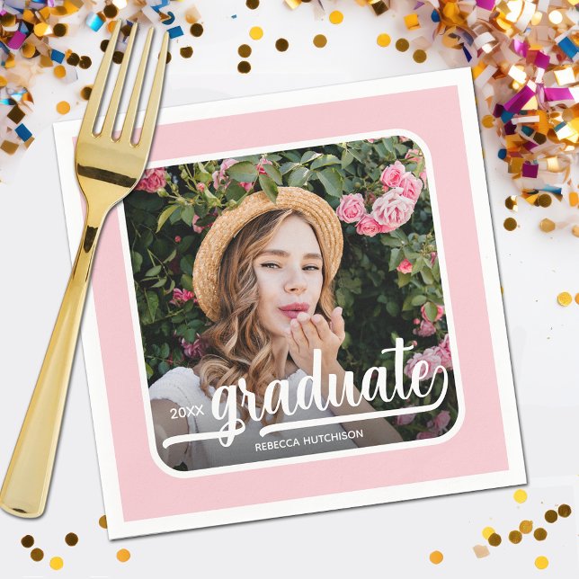 Graduate Photo Bold Script Pink Napkins (Your photo, name, class year and "Graduate" in a cool script on pink background party napkins)