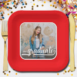 Graduate Photo Bold Script Red Graduation Paper Plates<br><div class="desc">Add your favorite photo to these graduation square red party paper plates featuring your name,  class year and the word graduate in chic lettering on a blue background. MORE designs and colors done in our collection.</div>