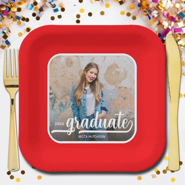 Graduate Photo Bold Script Red Graduation Paper Plates (Photo graduation red square paper plates)
