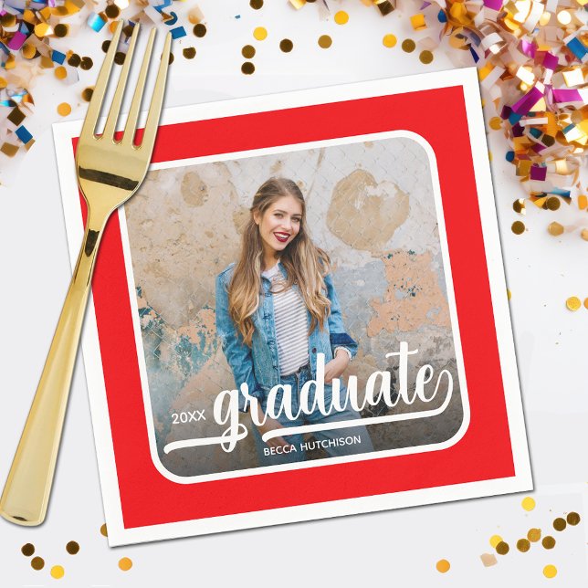 Graduate Photo Bold Script Red Napkins (Your photo, name, class year and "Graduate" in a cool script on red background party napkins)