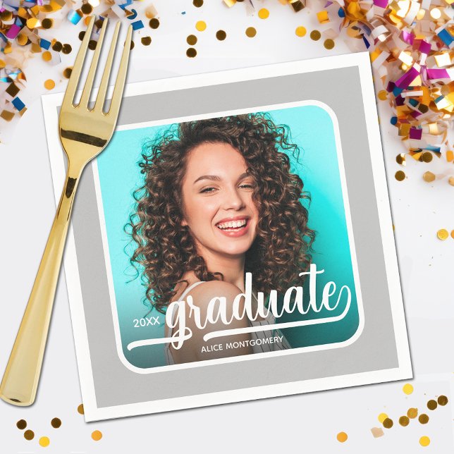 Graduate Photo Bold Script Silver Gray Napkins (Your photo, name, year and "Graduate" in a cool script on silver gray background party napkins)