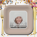 Graduate Photo Bold Script Taupe Graduation Paper Plates<br><div class="desc">Add your favorite photo to these graduation square taupe beige party paper plates featuring your name,  class year and the word graduate in chic lettering on a blue background. MORE designs and colors done in our collection.</div>