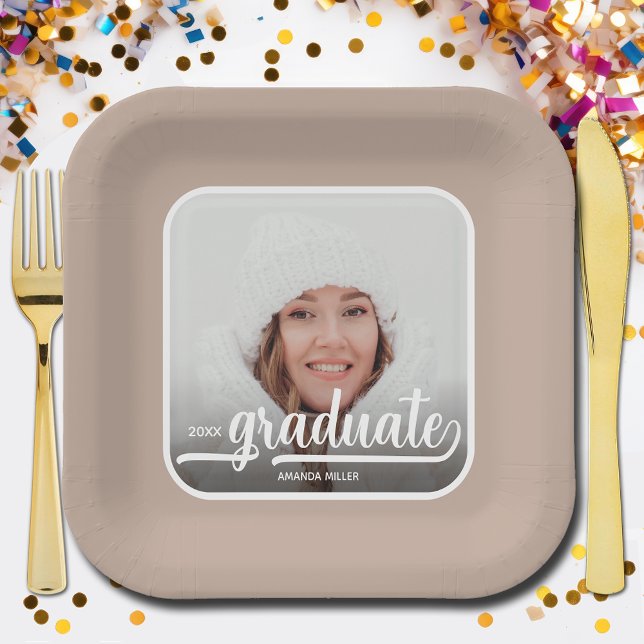 Graduate Photo Bold Script Taupe Graduation Paper Plates (Photo graduation taupe beige square paper plates)