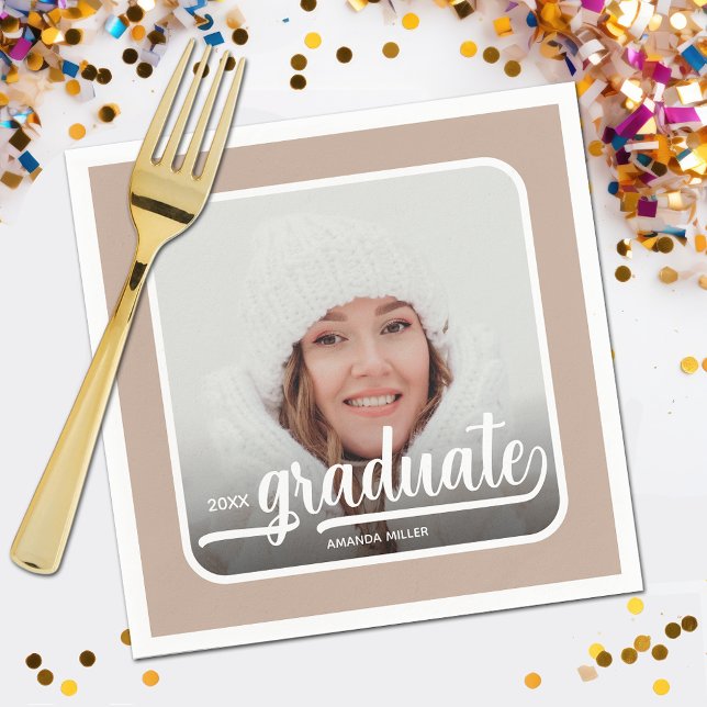Graduate Photo Bold Script Taupe Napkins (Your photo, name, class year and "Graduate" in a cool script on taupe background party napkins)