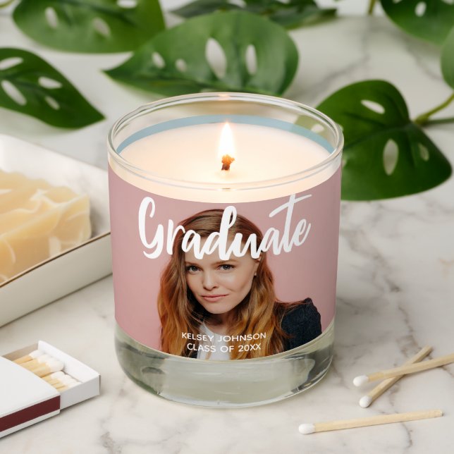 Graduate Photo Bold White Script Graduation Gift Scented Candle (Lit)