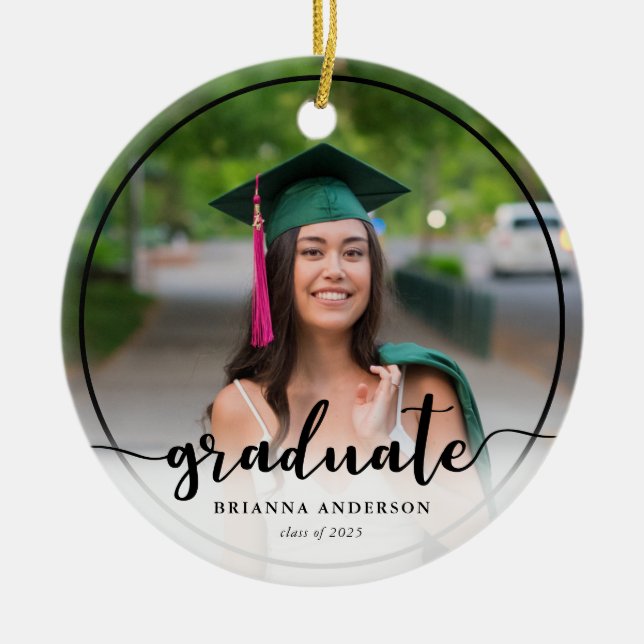Graduate Photo Calligraphy Black Ceramic Ornament (Front)
