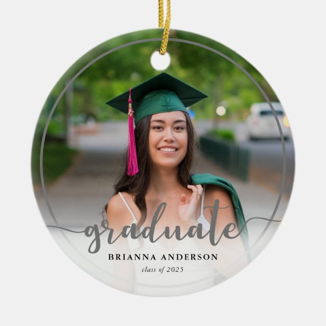 Graduate Photo Calligraphy Gray Ceramic Ornament (Front)