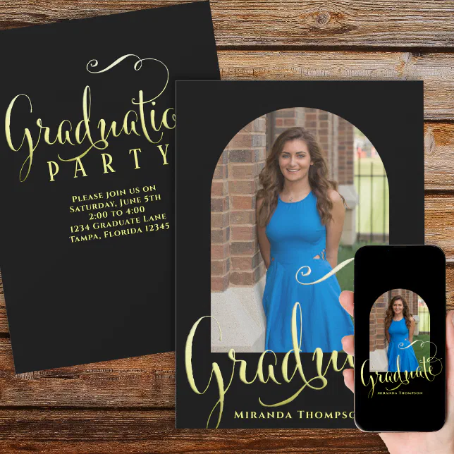 Graduate Photo Calligraphy Script Black Gold Arch Invitation 