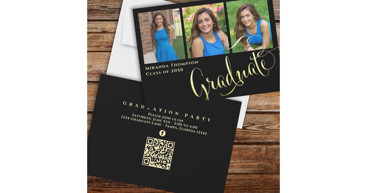 Grad Caligraphi Graduate Photo Calligraphy Script Black Gold Invitation | Zazzle