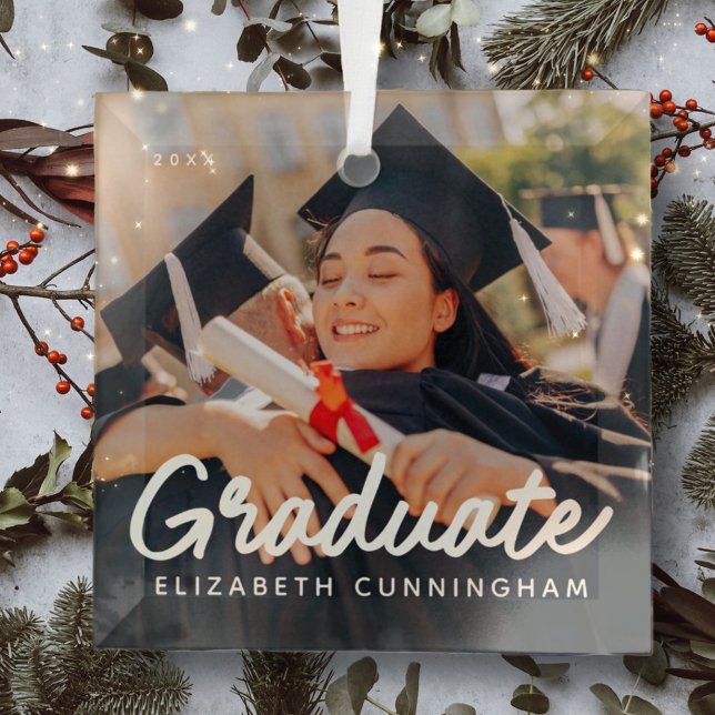 Graduate Photo Christmas Holiday Modern Simple Glass Ornament (Creator Uploaded)