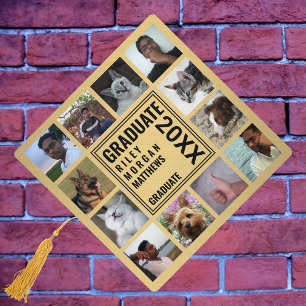 Graduate Photo Collage Black And Gold Modern Graduation Cap Topper