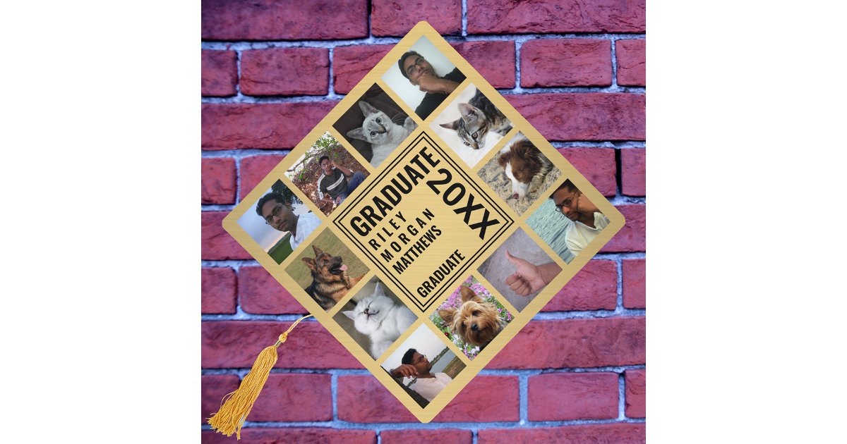Graduate Photo Collage Black And Gold Modern Graduation Cap Topper | Zazzle