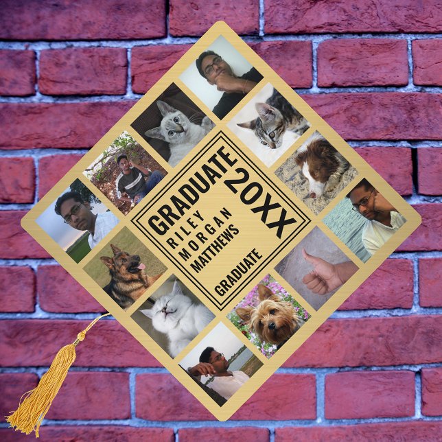 Graduate Photo Collage Black And Gold Modern Graduation Cap Topper (Creator Uploaded)
