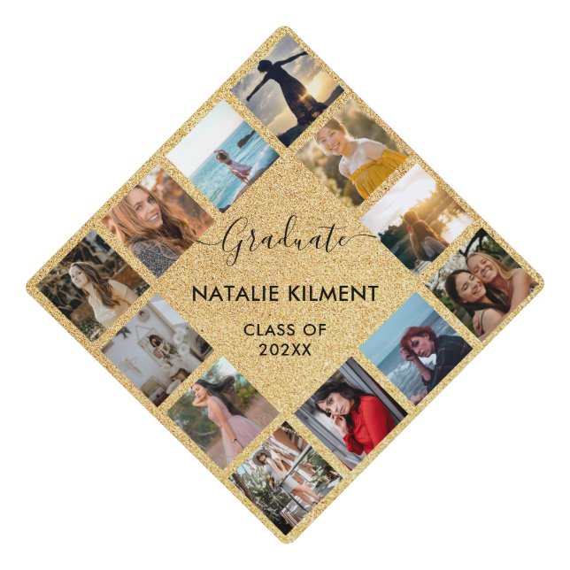 Graduate Photo Collage Black and Gold Name Graduation Cap Topper (Front)