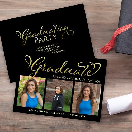 Graduate Photo Collage Black and Gold Simple Announcement