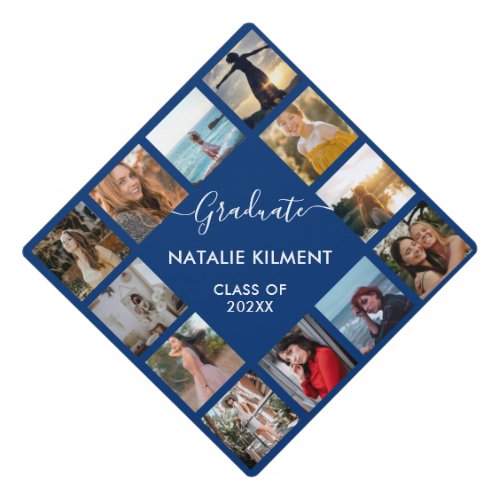 Graduate Photo Collage Black and Navy Blue Name Graduation Cap Topper
