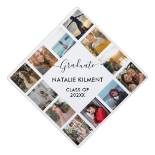 Graduate Photo Collage Black and White Name Graduation Cap Topper