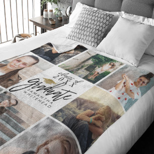 Graduate Photo Collage Gold Glitter Cap White Fleece Blanket