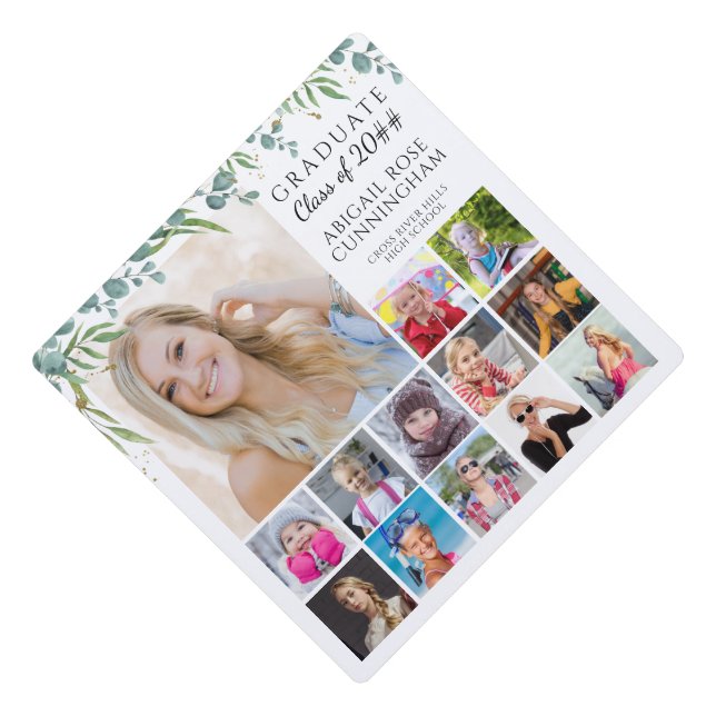 Graduate Photo Collage K-12 Keepsake Botanical Graduation Cap Topper (Front)